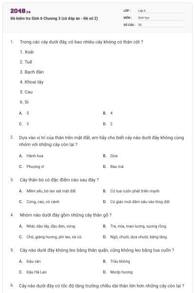 Đề kiểm tra Sinh 6 Chương 3 (có đáp án - Đề số 2)