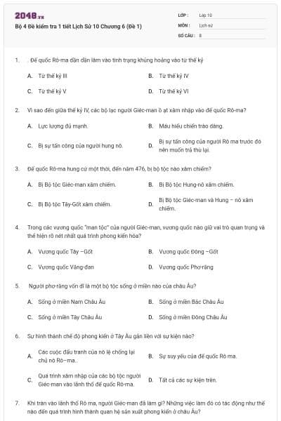 Bộ 4  Đề kiểm tra 1 tiết Lịch Sử 10 Chương 6 (Đề 1)