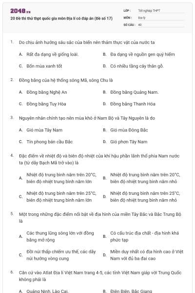 20 Đề thi thử thpt quốc gia môn Địa lí có đáp án (Đề số 17)