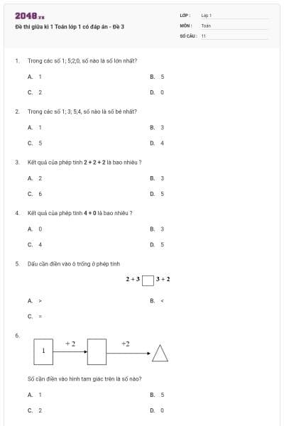 Đề thi giữa kì 1 Toán lớp 1 có đáp án - Đề 3