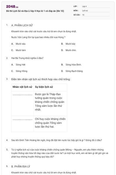 Đề thi Lịch Sử và Địa Lí lớp 4 Học kì 1 có đáp án (Đề 10)