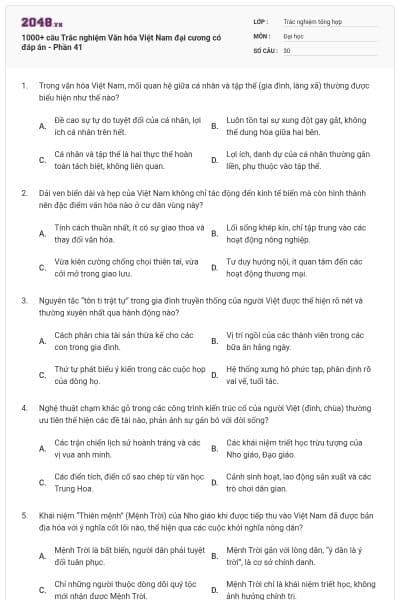 1000+ câu Trắc nghiệm Văn hóa Việt Nam đại cương có đáp án - Phần 41