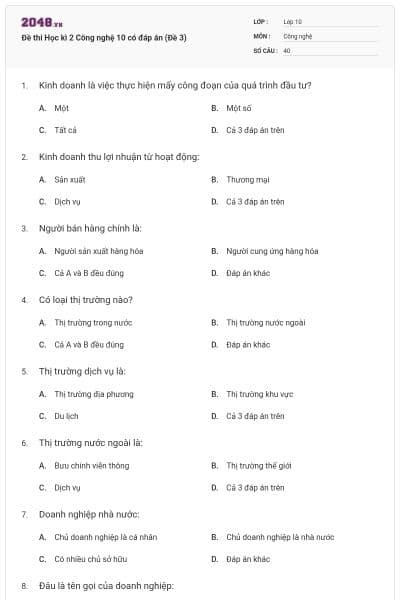 Đề thi Học kì 2 Công nghệ 10 có đáp án (Đề 3)