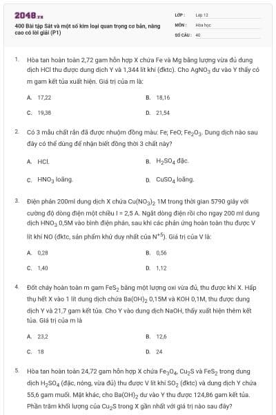 400 Bài tập Sắt và một số kim loại quan trọng cơ bản, nâng cao có lời giải (P1)