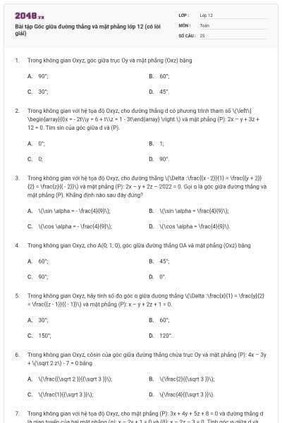 Bài tập Góc giữa đường thẳng và mặt phẳng lớp 12 (có lời giải)