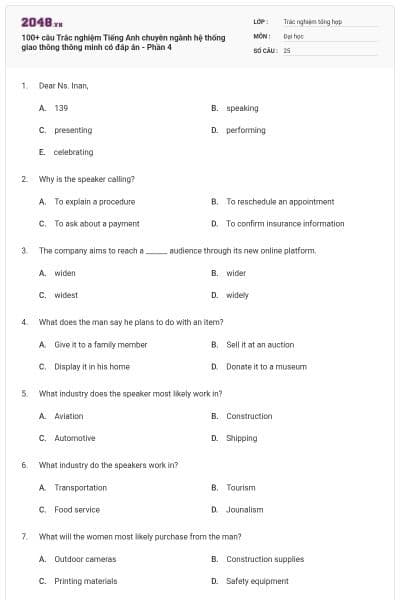 100+ câu Trắc nghiệm Tiếng Anh chuyên ngành hệ thống giao thông thông minh có đáp án - Phần 4