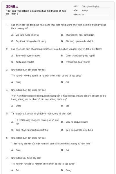 100+ câu Trắc nghiệm Cơ sở khoa học môi trường có đáp án - Phần 2