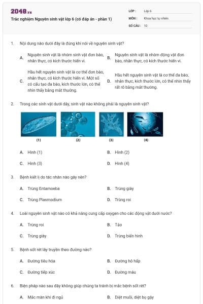 Trắc nghiệm Nguyên sinh vật lớp 6 (có đáp án - phần 1)