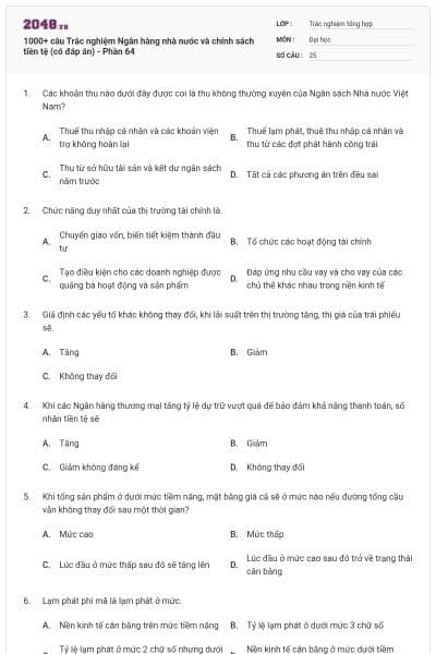 1000+ câu Trắc nghiệm Ngân hàng nhà nước và chính sách tiền tệ (có đáp án) - Phần 64