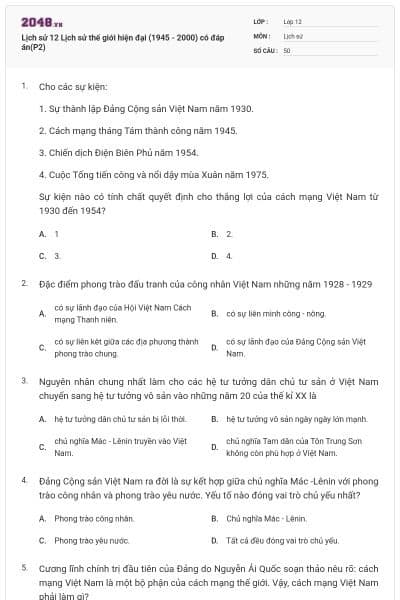 Lịch sử 12 Lịch sử thế giới hiện đại (1945 - 2000) có đáp án(P2)