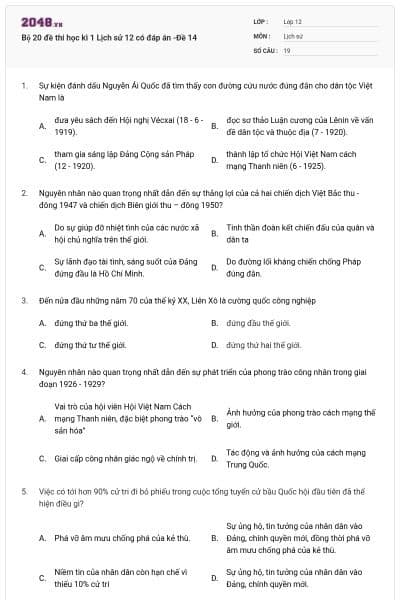 Bộ 20 đề thi học kì 1 Lịch sử 12 có đáp án -Đề 14