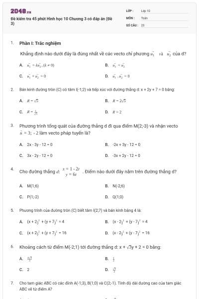 Đề kiểm tra 45 phút Hình học 10 Chương 3 có đáp án (Đề 3)