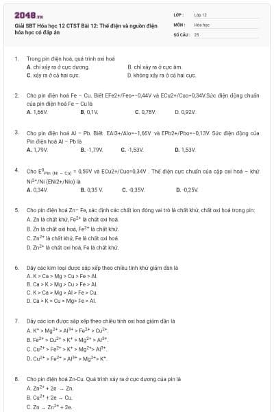 Giải SBT Hóa học 12 CTST Bài 12: Thế điện và nguồn điện hóa học có đáp án