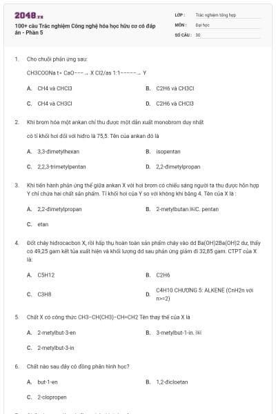 100+ câu Trắc nghiệm Công nghệ hóa học hữu cơ có đáp án - Phần 5