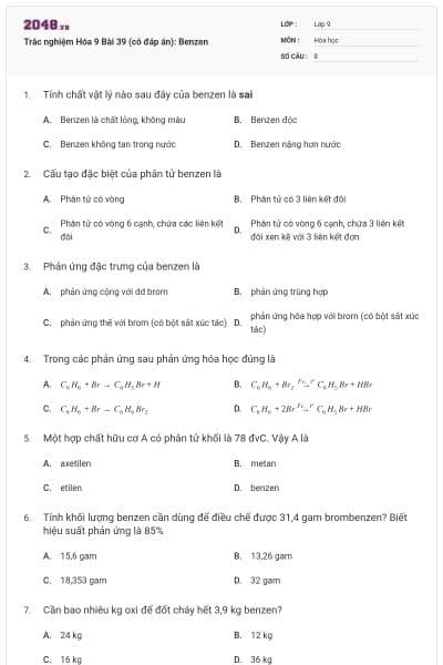 Trắc nghiệm Hóa 9 Bài 39 (có đáp án): Benzen