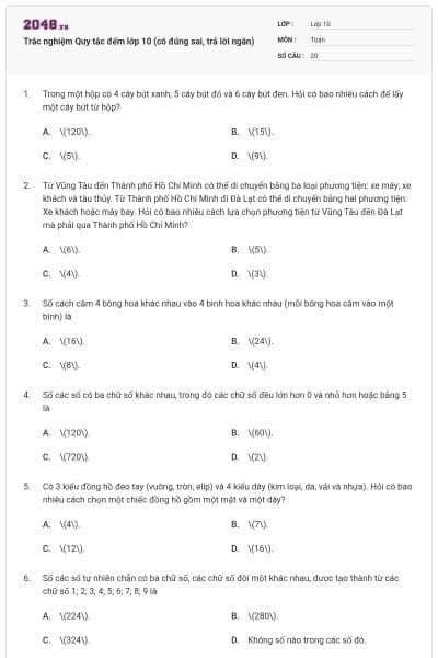 Trắc nghiệm Quy tắc đếm lớp 10 (có đúng sai, trả lời ngắn)