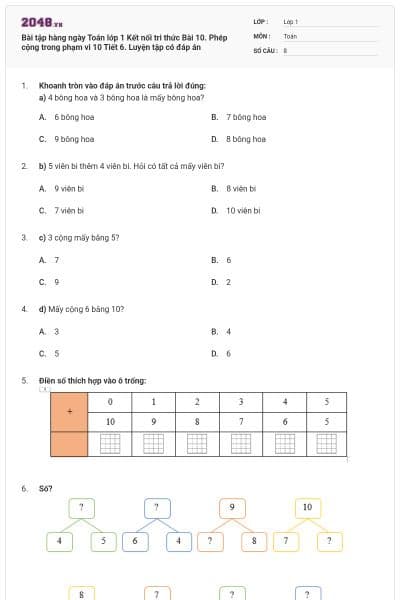 Bài tập hàng ngày Toán lớp 1 Kết nối tri thức Bài 10. Phép cộng trong phạm vi 10 Tiết 6. Luyện tập có đáp án