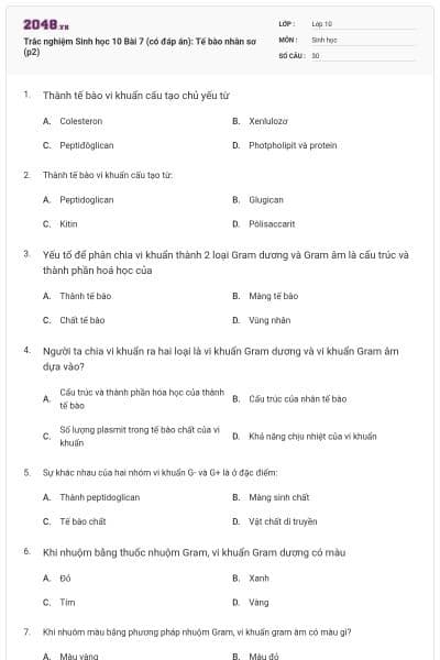 Trắc nghiệm Sinh học 10 Bài 7 (có đáp án): Tế bào nhân sơ (p2)