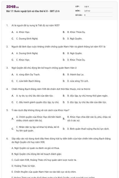 Bài 17: Bước ngoặt lịch sử đầu thế kỉ X - SBT LS 6