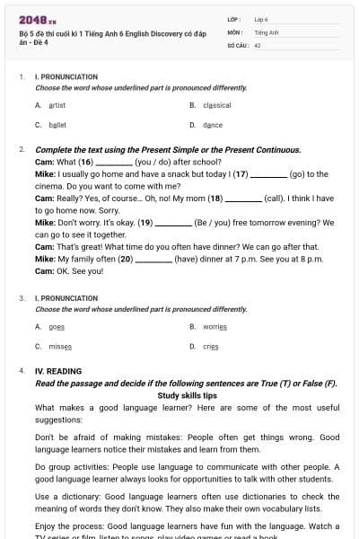 Bộ 5 đề thi cuối kì 1 Tiếng Anh 6 English Discovery có đáp án - Đề 4