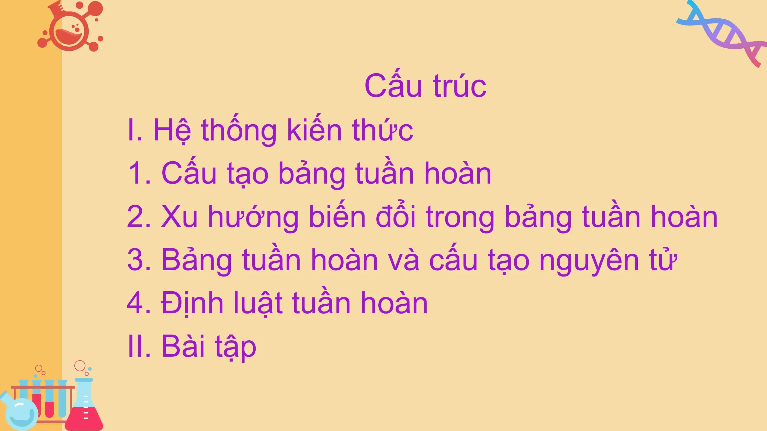 Cấu trúc
I. Hệ thống kiến thức
1. Cấu tạo bảng tuần hoàn
2. Xu hướng biến đổi trong bảng tuần hoàn
3. Bảng tuần hoàn và cấu tạo nguyên tử
4. Định luật tuần hoàn
II. Bài tập