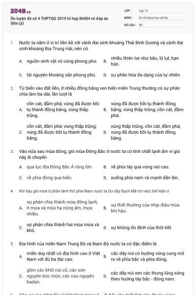 Ôn luyện đề số 4 THPTQG 2019 tổ hợp KHXH có đáp án (Địa Lý)