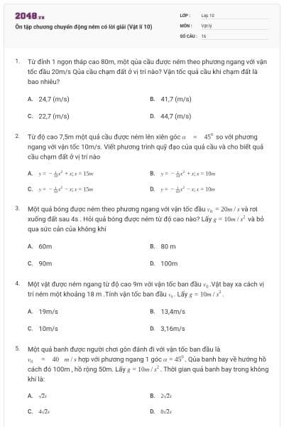 Ôn tập chương chuyển động ném có lời giải (Vật lí 10)