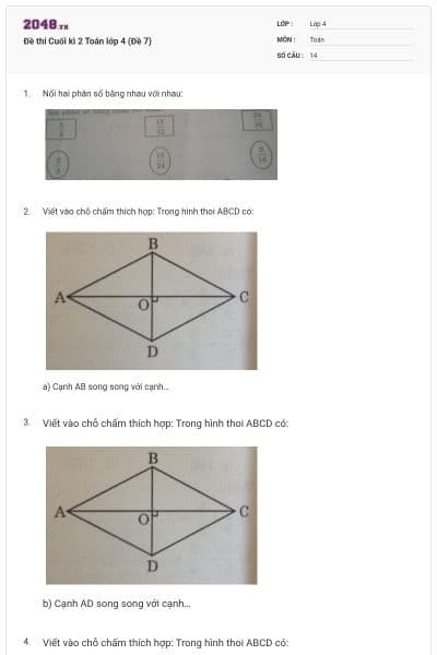 Đề thi Cuối kì 2 Toán lớp 4 (Đề 7)