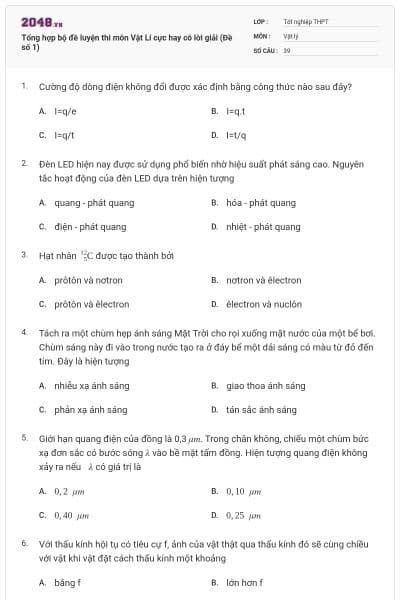Tổng hợp bộ đề luyện thi môn Vật Lí cực hay có lời giải (Đề số 1)