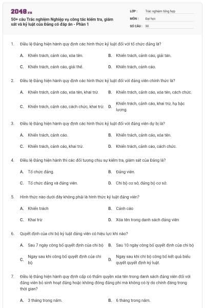 50+ câu Trắc nghiệm Nghiệp vụ công tác kiểm tra, giám sát và kỷ luật của Đảng có đáp án - Phần 1