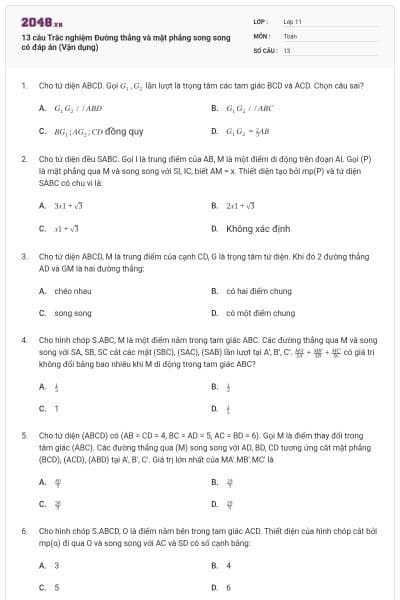 13 câu Trắc nghiệm Đường thẳng và mặt phẳng song song có đáp án (Vận dụng)