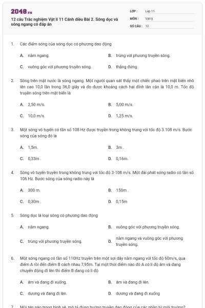 12 câu Trắc nghiệm Vật lí 11 Cánh diều Bài 2. Sóng dọc và sóng ngang có đáp án