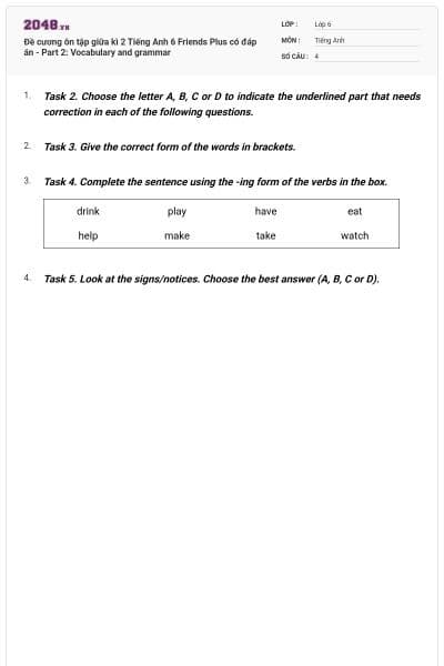 Đề cương ôn tập giữa kì 2 Tiếng Anh 6 Friends Plus có đáp án - Part 2: Vocabulary and grammar