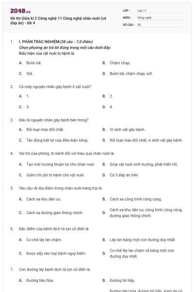 Đề thi Giữa kì 2 Công nghệ 11 Công nghệ chăn nuôi (có đáp án) - Đề 4