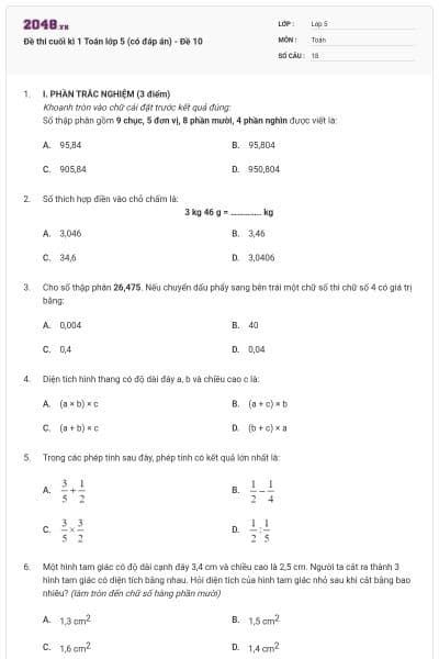 Đề thi cuối kì 1 Toán lớp 5 (có đáp án) - Đề 10