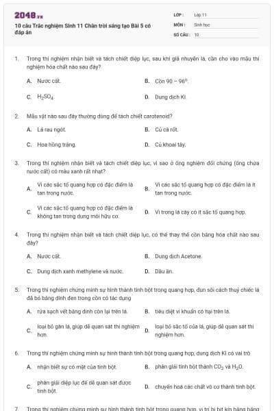 10 câu  Trắc nghiệm Sinh 11 Chân trời sáng tạo Bài 5 có đáp án