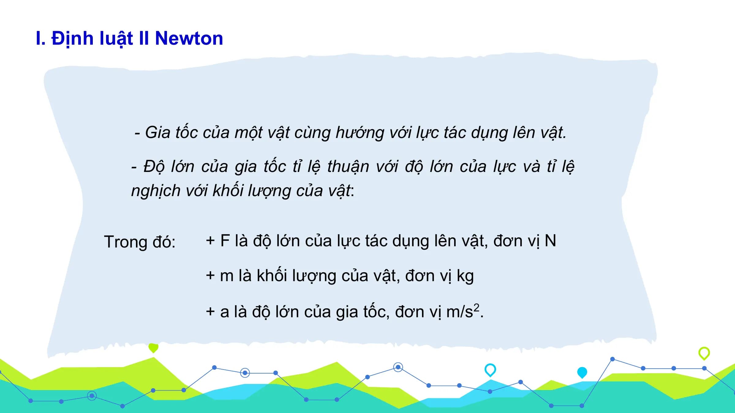 I. Định luật II Newton

 - Gia tốc của mô ̣t vâ ̣t cùng hướng với lực tác dụng lên vâ ̣t.

 - Đô ̣ lớn của gia tốc tỉ lê ̣ thuâ ̣n với đô ̣ lớn của lực và tỉ lê ̣
 nghịch với khối lượng của vâ ̣t:

 Trong đó: + F là độ lớn của lực tác dụng lên vật, đơn vị N

 + m là khối lượng của vật, đơn vị kg

 + a là độ lớn của gia tốc, đơn vị m/s2.