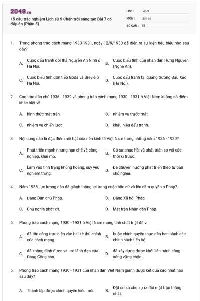 15 câu trắc nghiệm Lịch sử 9 Chân trời sáng tạo Bài 7 có đáp án (Phần 5)