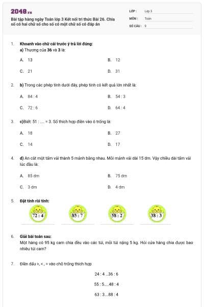 Bài tập hàng ngày Toán lớp 3 Kết nối tri thức Bài 26. Chia số có hai chữ số cho số có một chữ số có đáp án