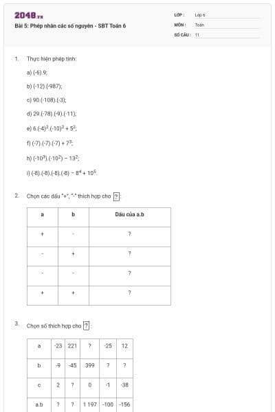 Bài 5: Phép nhân các số nguyên - SBT Toán 6