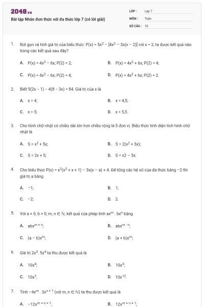 Bài tập Nhân đơn thức với đa thức lớp 7 (có lời giải)