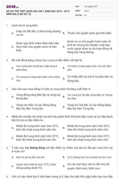 ĐỀ THI THỬ THPT QUỐC GIA LẦN 1 NĂM HỌC 2018 - 2019 MÔN ĐỊA LÍ (ĐẾ SỐ 12)