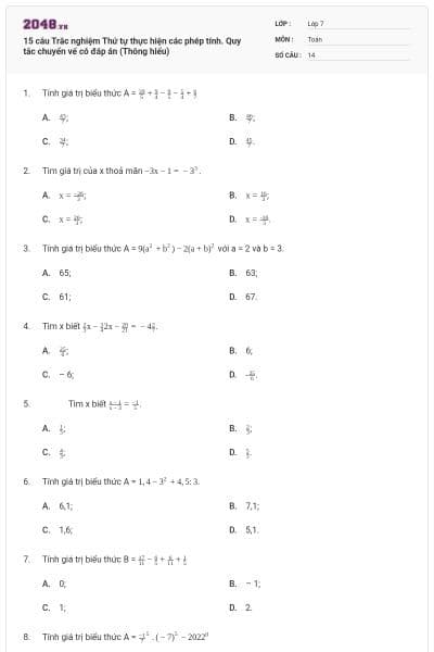 15 câu Trắc nghiệm Thứ tự thực hiện các phép tính. Quy tắc chuyển vế có đáp án (Thông hiểu)