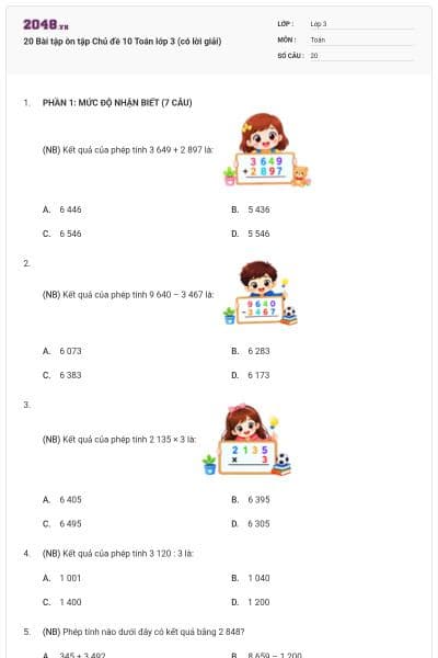 20 Bài tập ôn tập Chủ đề 10 Toán lớp 3 (có lời giải)