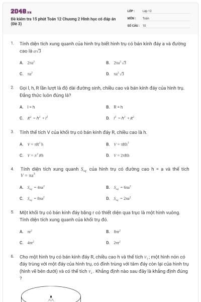 Đề kiểm tra 15 phút Toán 12 Chương 2 Hình học có đáp án (Đề 3)