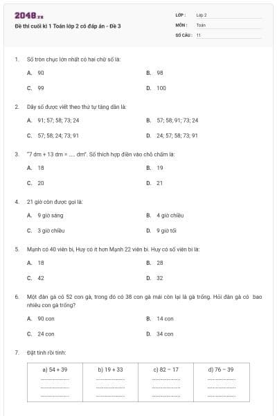 Đề thi cuối kì 1 Toán lớp 2 có đáp án - Đề 3