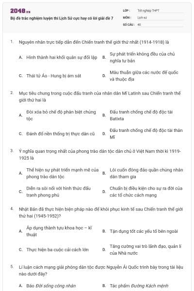 Bộ đề trắc nghiệm luyện thi Lịch Sử cực hay có lời giải đề 7