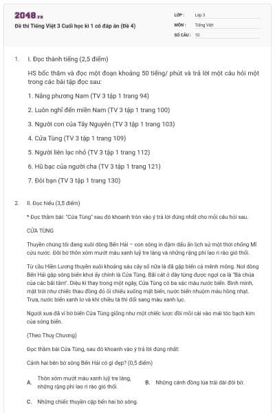 Đề thi Tiếng Việt 3 Cuối học kì 1 có đáp án (Đề 4)