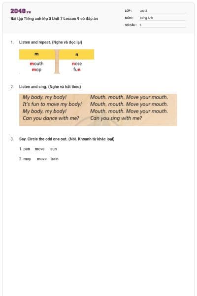 Bài tập Tiếng anh lớp 3 Unit 7 Lesson 9 có đáp án