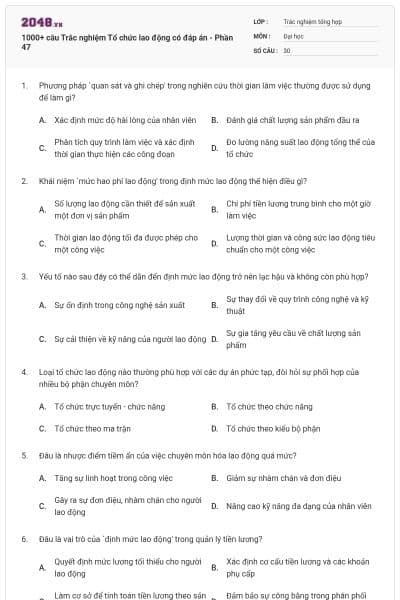 1000+ câu Trắc nghiệm Tổ chức lao động có đáp án - Phần 47
